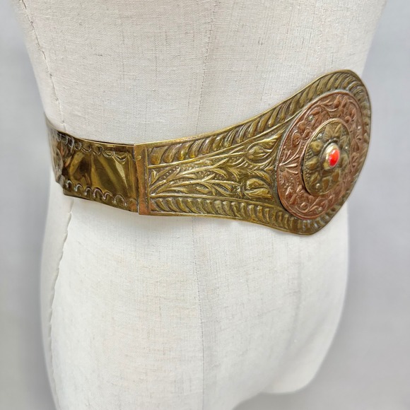 Vintage Brass & Copper Etched Metal Belt  Red Cabochon Centerpiece Made in India main image 5